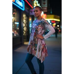 Cactus New York Rhinestone Graphic Tunic Y2K Women’s 3/4 Sleeve City Print LG